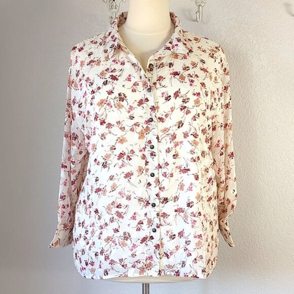 Fred David 2X Button Down Lined Chiffon Floral Blouse - Picture 1 of 5
